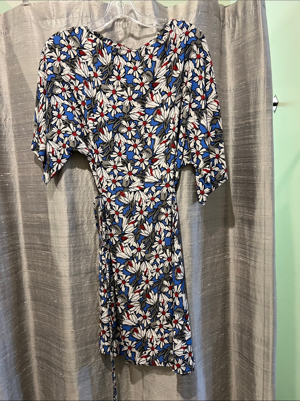 Daisy-Print Wrap Midi Dress in Black, White & Blue